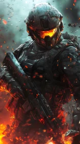Armored sci fi soldier amid molten battlefield chaos.