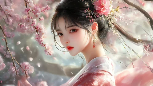 Digital hanfu portrait amid dynamically rendered sakura petals.