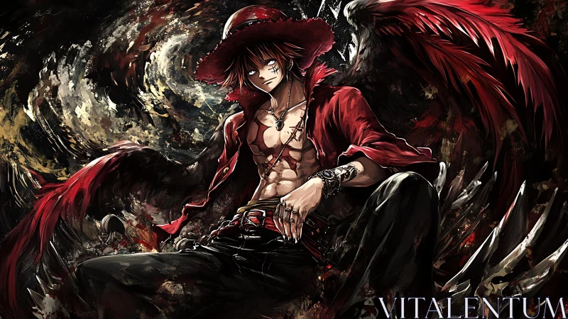 Dynamic anime antihero with crimson wings in vortex setting.