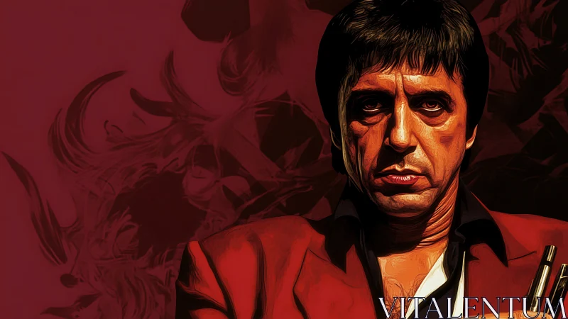 Digital portrait of a stern man in red jacket against maroon field