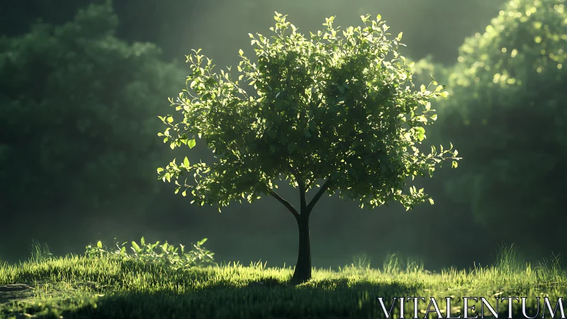Sunlit sapling rendered with high-detail photorealistic lighting