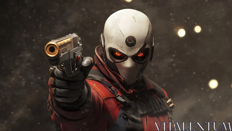 Masked antihero aims forward with glowing, focused gaze.