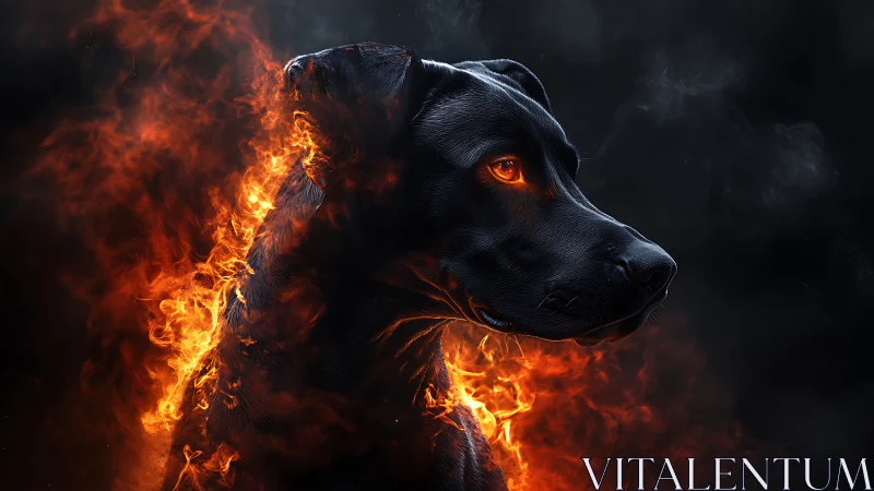Fiery black dog portrait in dramatic burning silhouette.