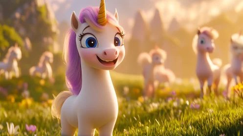 3D pastel unicorn character in luminous meadow staging.