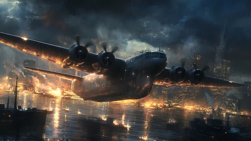 Warplane storms burning harbor under torrential night rain.