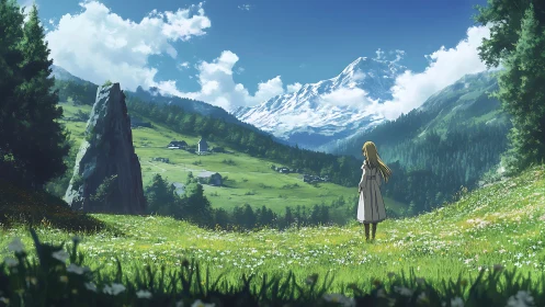 Quiet hilltop daydream beneath distant snowy mountains.