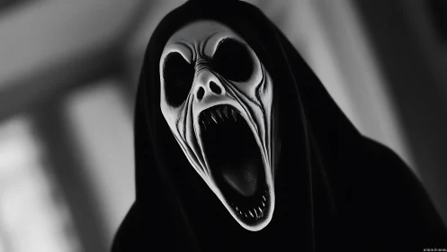 Monochrome spectral entity with hyper-elongated scream mask.