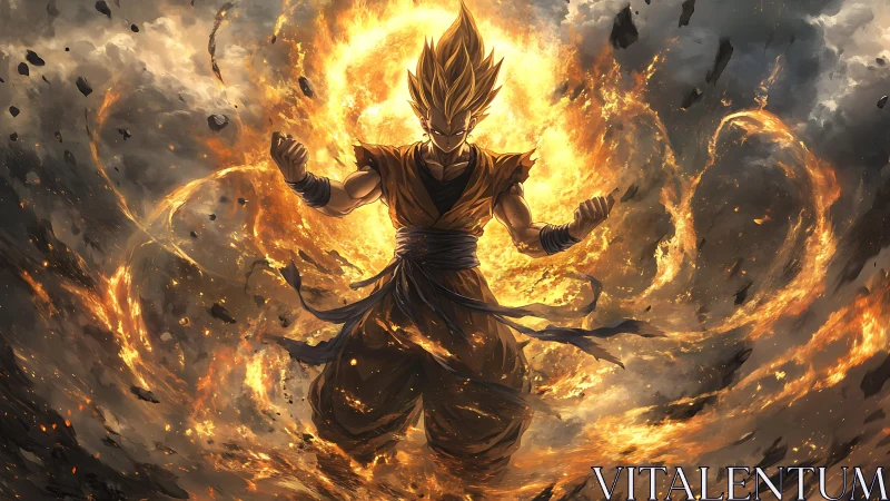 Fiery anime warrior ascending within explosive vortex.