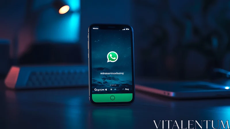 Modern smartphone displaying WhatsApp loading interface with illuminated green button element
