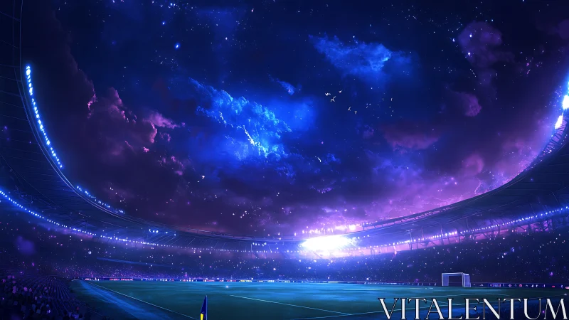 Night stadium under nebula sky with luminous violet LED rim