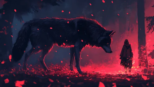 Giant wolf confronts cloaked figure in red lit forest