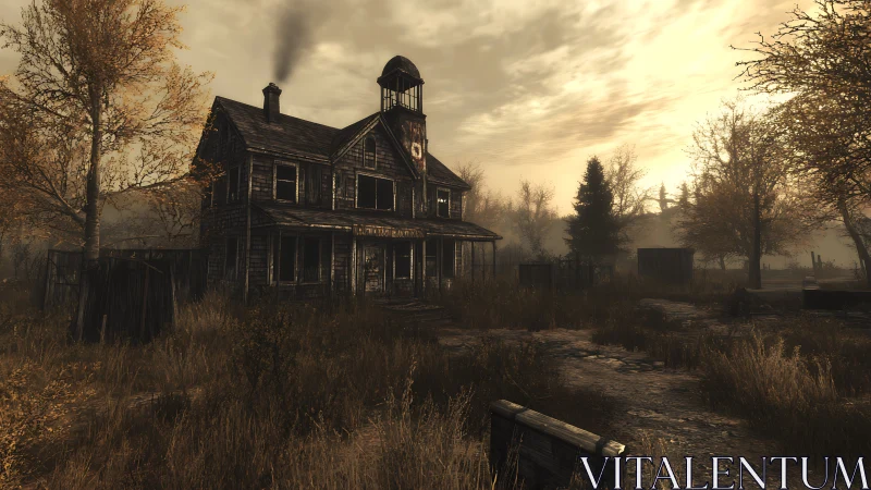 Forsaken rural schoolhouse under smoky autumn dusk sky.