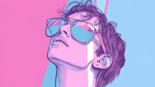 Stylized portrait of person in sunglasses, split-color background.