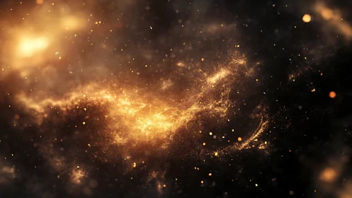 Golden cosmic nebula drifts through deep shadowed space.