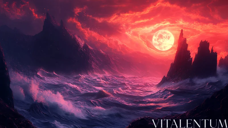 Spectral crimson seascape under hyperluminous lunar convergence.