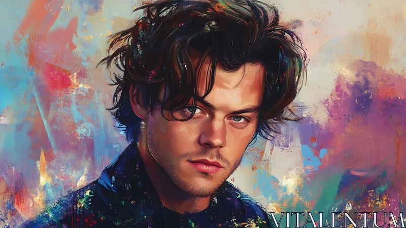 Expressive digital portrait with chromatic abstract backdrop.