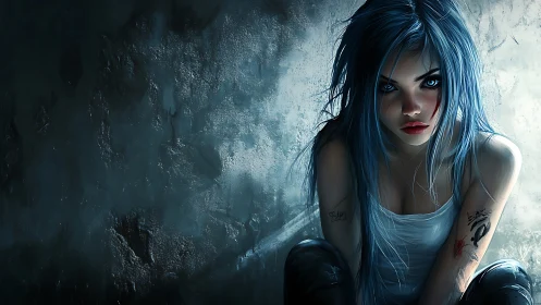 Blue-haired punk girl crouches in dim industrial light.