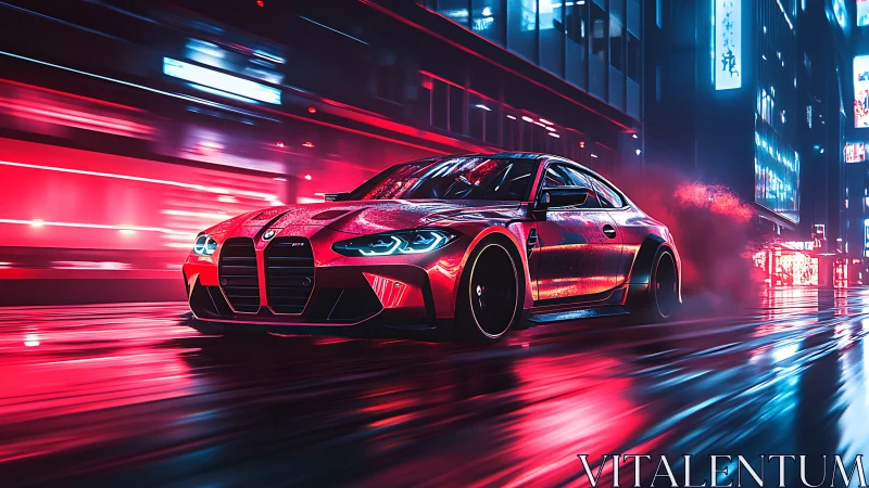 Neon-lit sports coupe drifts through wet cyberpunk cityscape at speed