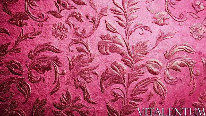 Ornate pink damask textile with raised floral scrollwork.