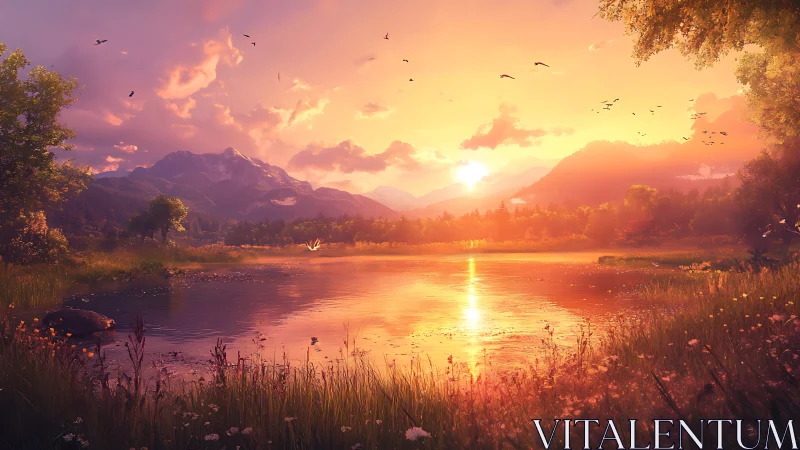 Lakeside meadow at golden hour with distant alpine mountain range.