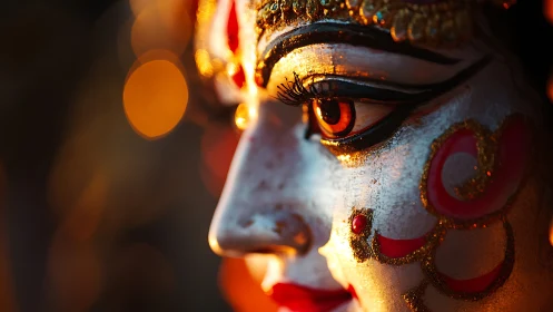 Side-lit painted deity face sculpture shows surface detail