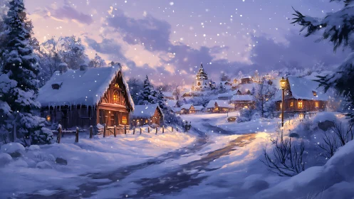 Snow-covered village at dusk with illuminated wooden houses.