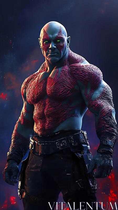 Glowing war-scarred guardian under ember-swirled cosmos.