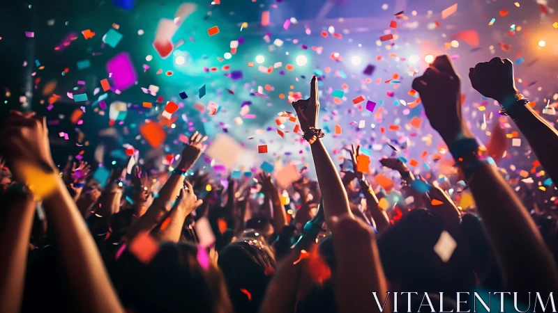 Color-soaked crowd dancing under flying confetti and light.