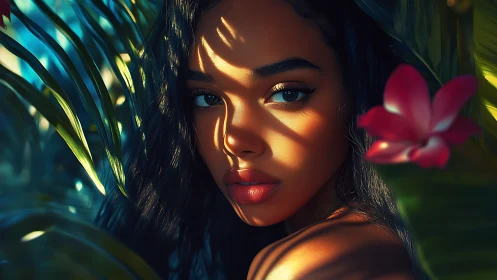 Woman’s face framed by tropical leaves in directional light