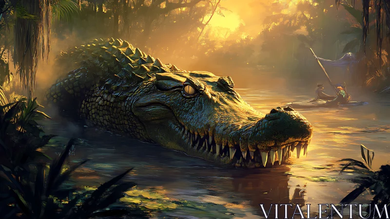Gigantic crocodilian apex predator emerging in dawnlit river.
