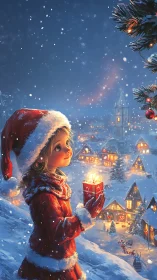 Girl holds glowing gift over snowy Christmas village