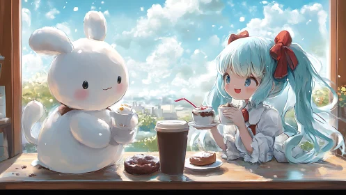 Pastel anime café scene with plush rabbit and girl sharing desserts