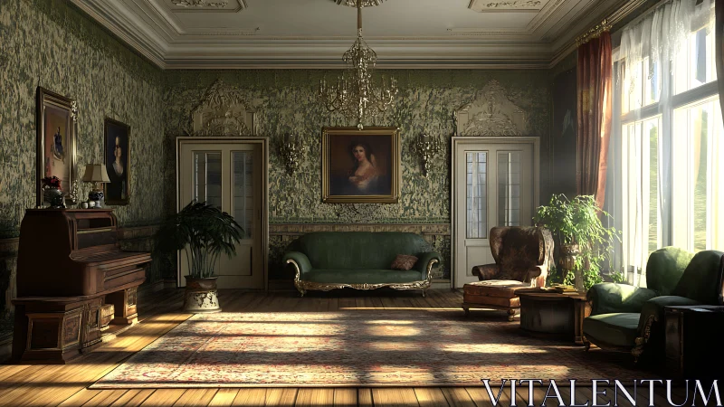 Sunlit vintage salon with ornate piano and portraits.