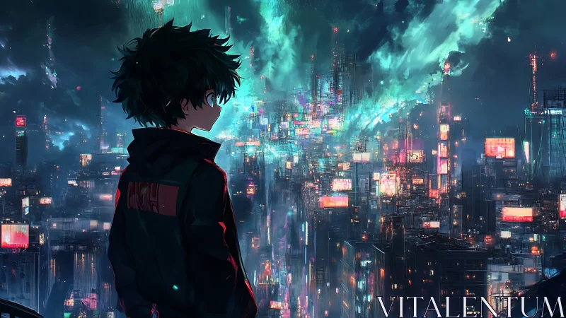 Young anime hero contemplates a neon storm over cybercity
