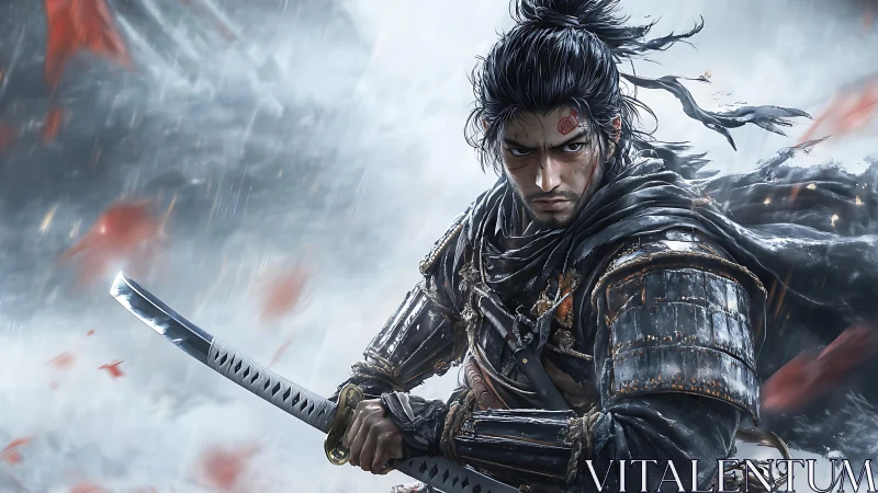 Lone samurai warrior braving the storm with steady resolve.