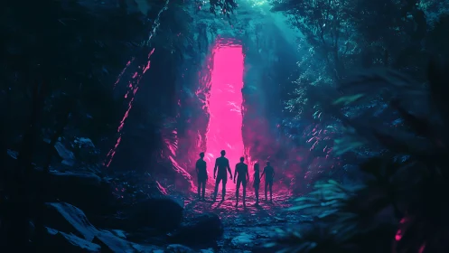 Neon jungle gateway where friends step into the unknown.