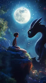 Moonlit pact between small dreamer and midnight dragon.