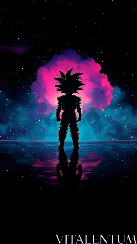 Cosmic warrior silhouette before nebular energy horizon.