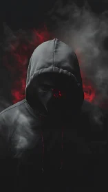 Mysterious hooded figure in smoky red and black shadows.