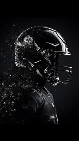 Black chrome football helmet dissolving into dynamic shards.