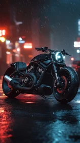 Custom black street motorcycle under neon city rainlight.