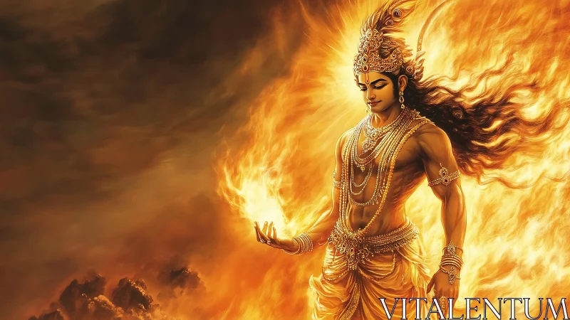 Fire deity warrior in golden flames, divine digital art.