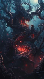 Twisted forest monster glowing with eerie embers and fury.