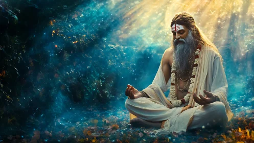 Digital painting of meditating sage in luminous forest ambience.