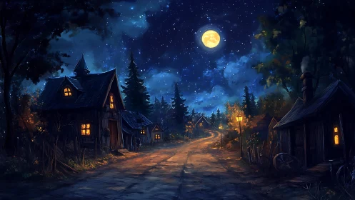 Moonlit rural road with wooden cottages under night sky.