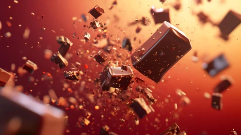 Exploding Chocolate Pieces in Motion Against Warm Gradient Background.