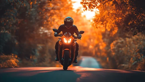 Motorcyclist rides through sunlit forest road at dusk.