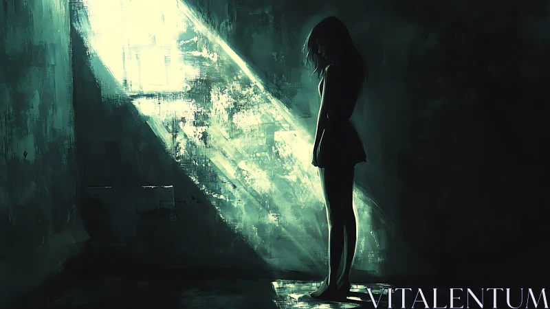 Quiet girl in a painted beam of light, pausing with herself.