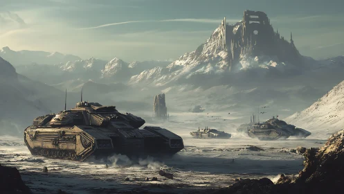 Concept art of armored convoy in frozen fortress valley.