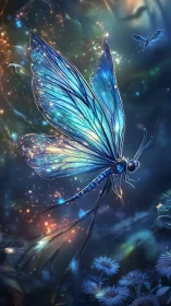 Bioluminescent dragonfly sprite with iridescent wings in nocturnal bloom